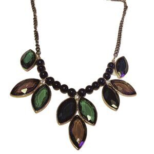 Jeweled & Beaded Necklace with Rhinestones - Blue Green & Purple